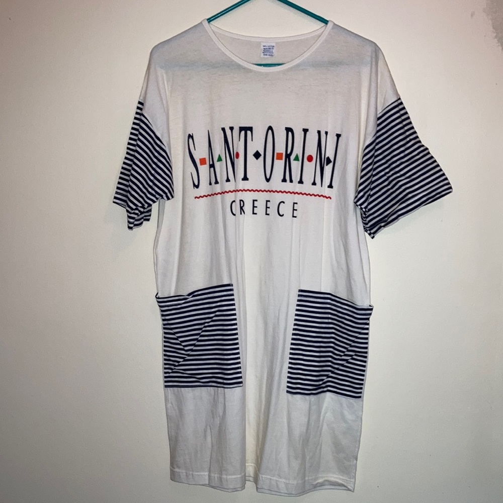 Santorini Greece Graphic Tee Shirt Dress White Navy Stripes Sleep Beach Cover Up
